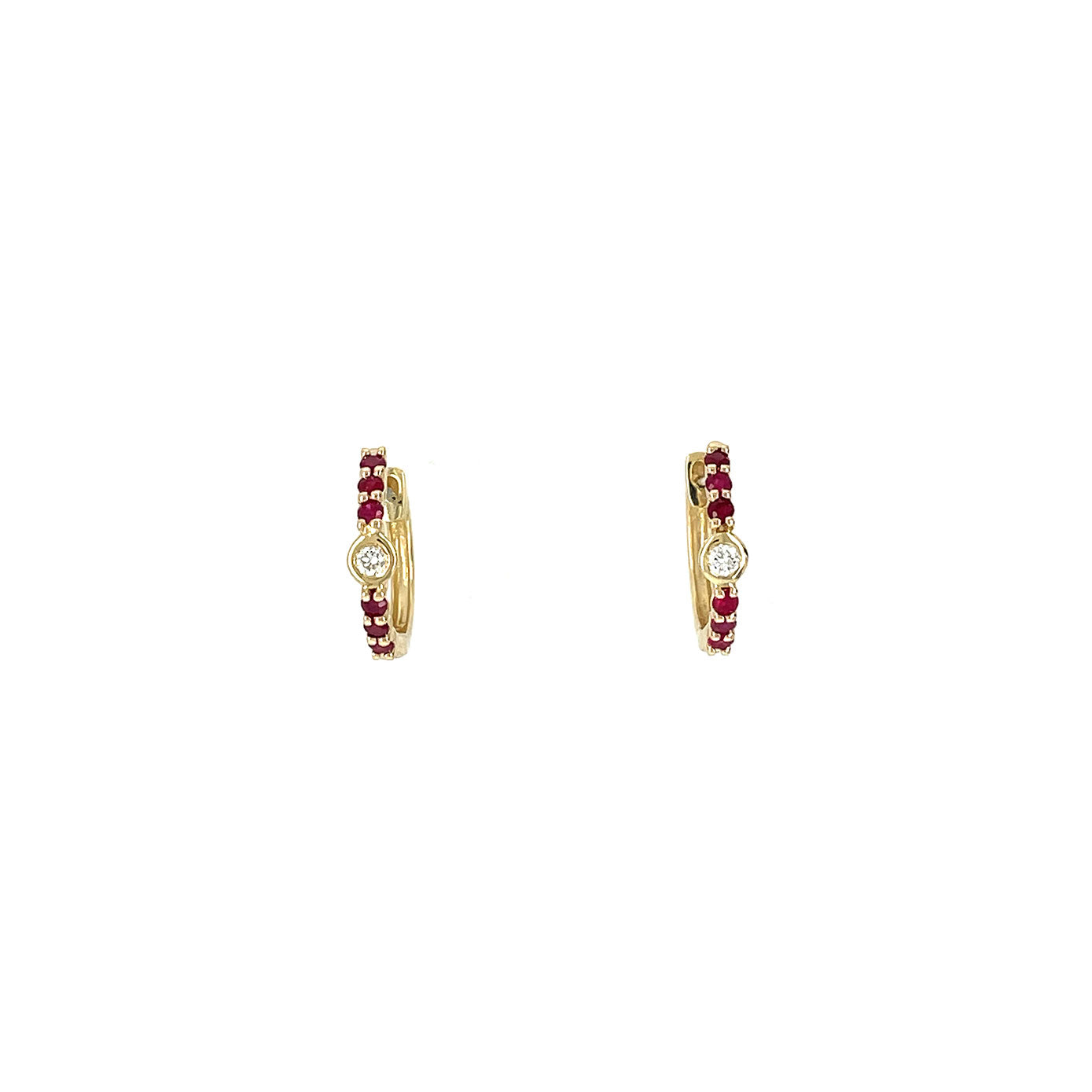 14 Karat Yellow Gold Huggy Earrings with Rubies and diamond
