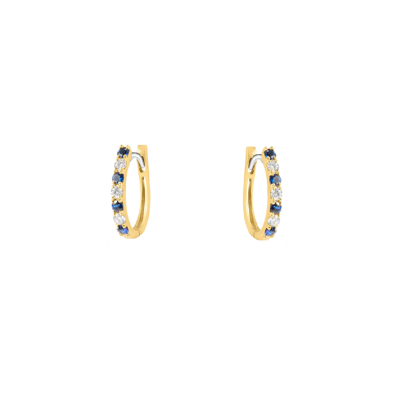 14 Karat Yellow Gold Huggy Earrings with Blue Sapphires and Diamonds
