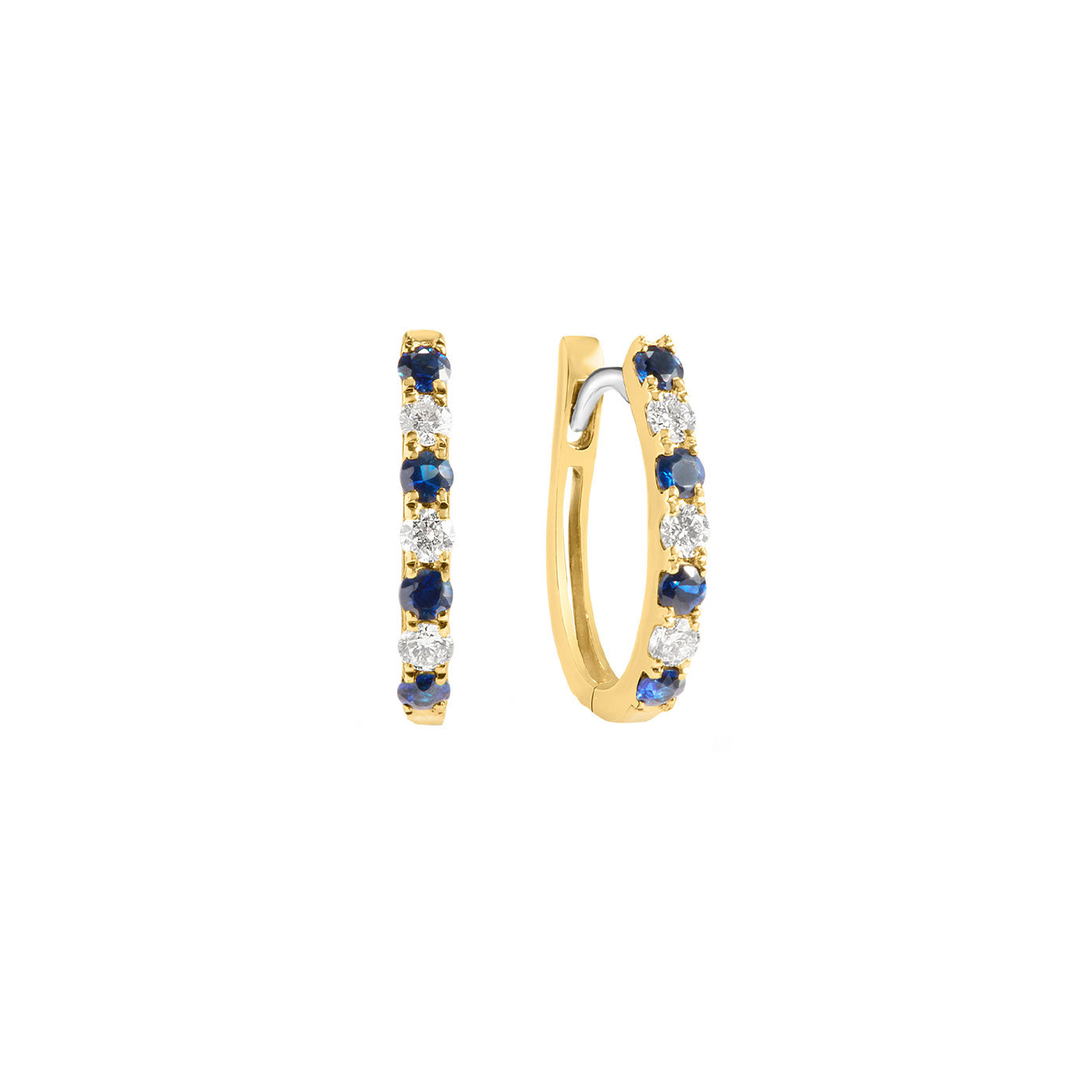 14 Karat Yellow Gold Huggy Earrings with Blue Sapphires and Diamonds