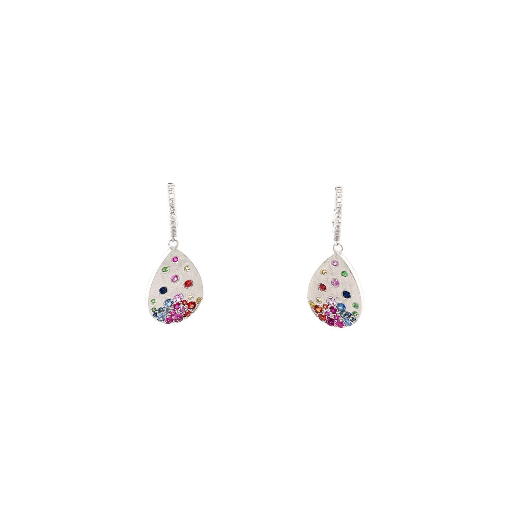 14 Karat White Gold Pear shape earrings with Multi Colored Sapphires and Tsavorites on Diamond Huggy