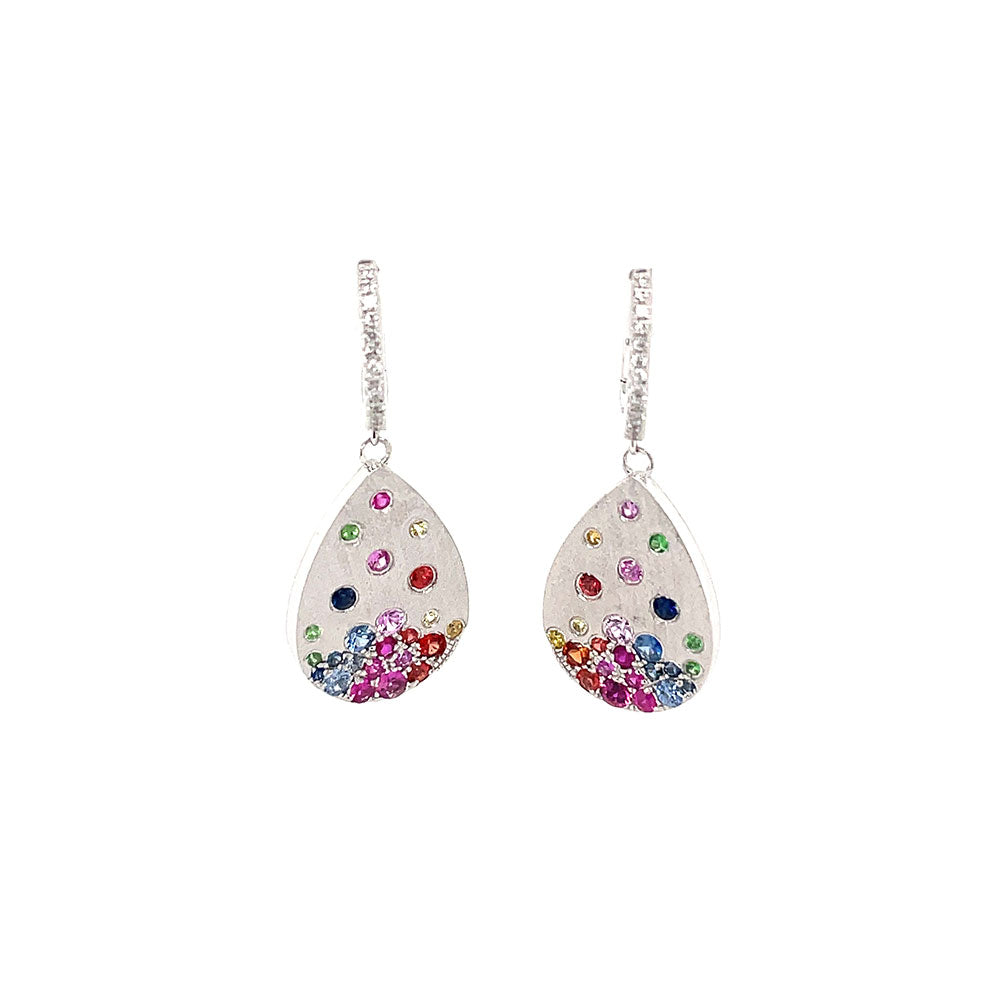 14 Karat White Gold Pear shape earrings with Multi Colored Sapphires and Tsavorites on Diamond Huggy