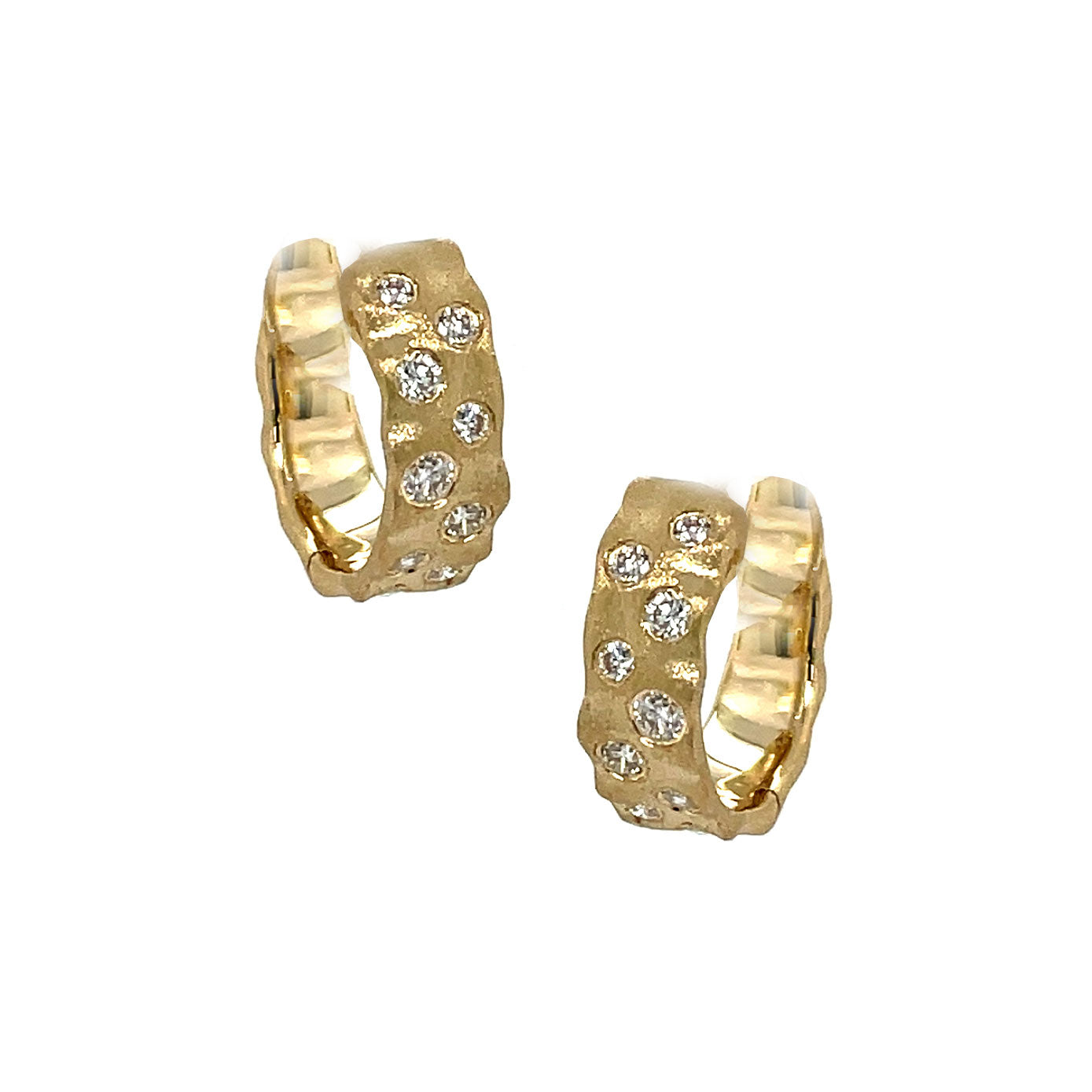 14 Karat Yellow Gold organic shape hoops with diamonds