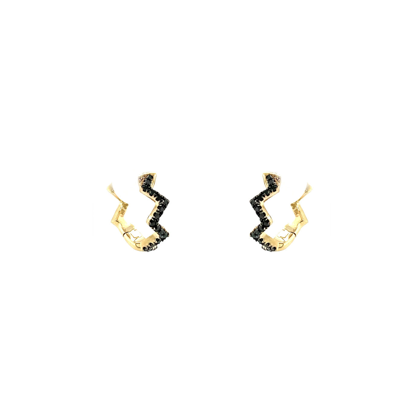14 Karat Yellow Gold Zig Zag Huggy Earrings with Black Diamonds