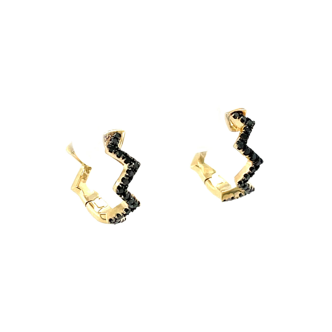 14 Karat Yellow Gold Zig Zag Huggy Earrings with Black Diamonds