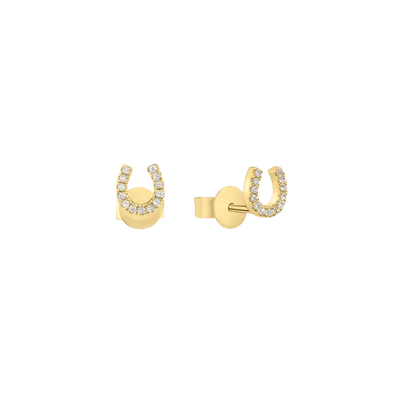 14 Karat Yellow Gold Horseshoe Stud Earrings with Diamonds