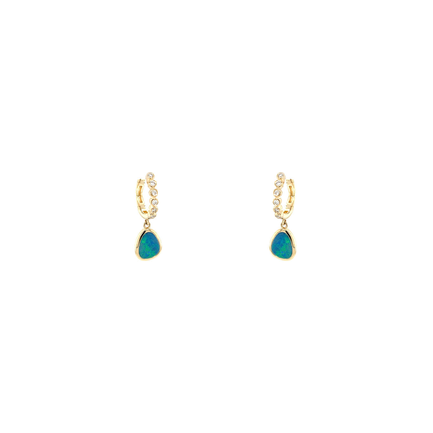 14 Karat Yellow Gold Huggy Drop Earrings with Opal drops and diamonds