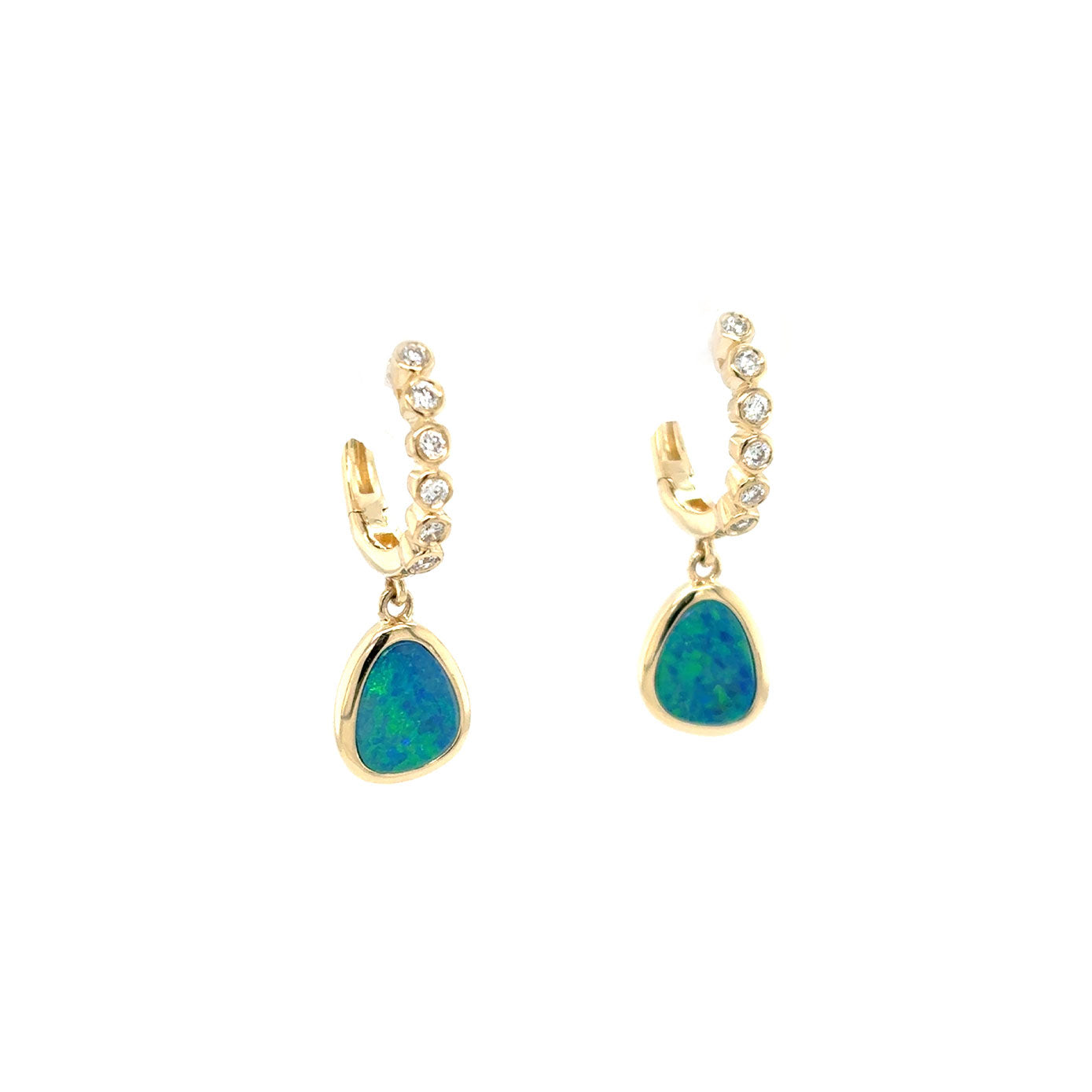 14 Karat Yellow Gold Huggy Drop Earrings with Opal drops and diamonds