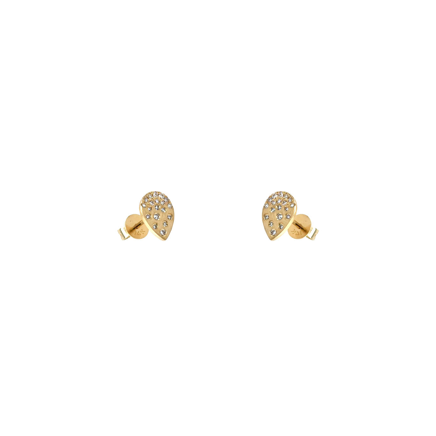 14 Karat Yellow Gold Pear Shaped Stud Earrings with Diamonds
