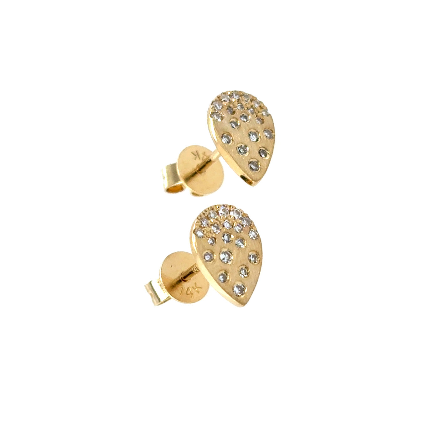 14 Karat Yellow Gold Pear Shaped Stud Earrings with Diamonds