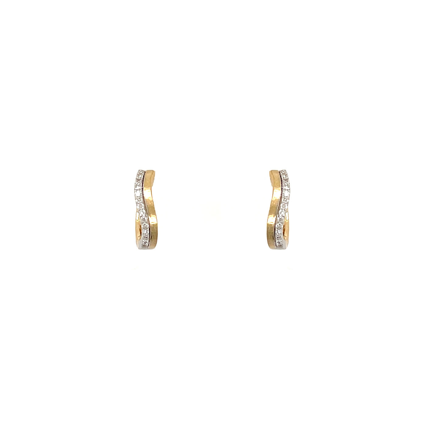 14 Karat Yellow and White Gold Wavy Huggy Earrings with Diamonds