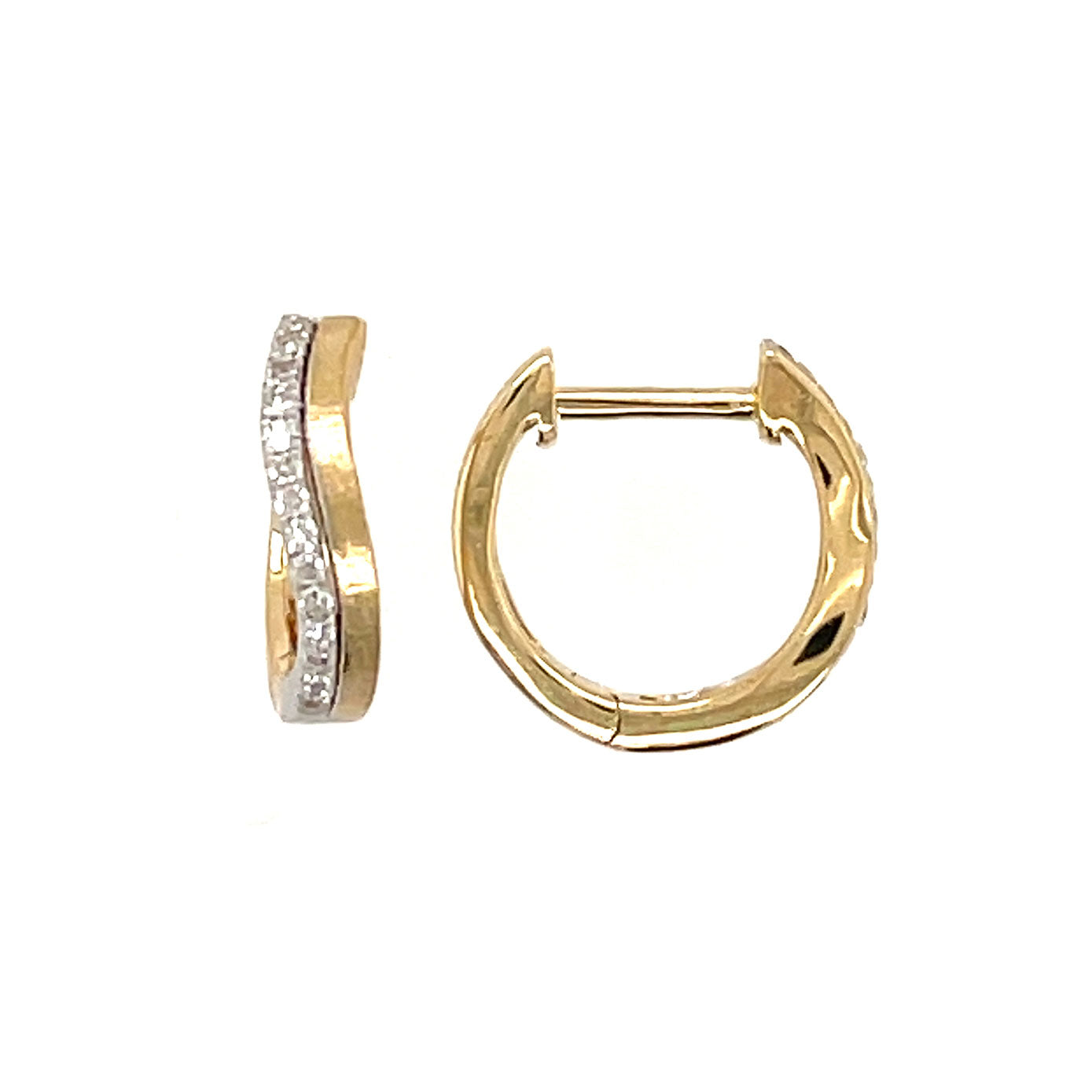 14 Karat Yellow and White Gold Wavy Huggy Earrings with Diamonds