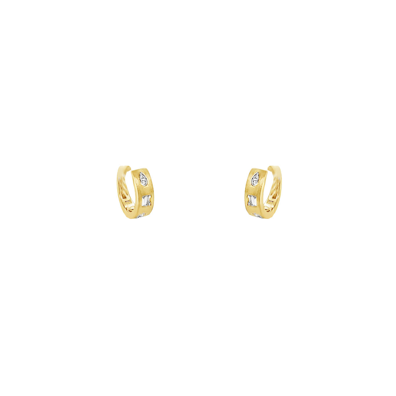 14 Karat Yellow Gold Huggy earrings with baguette and pear diamonds