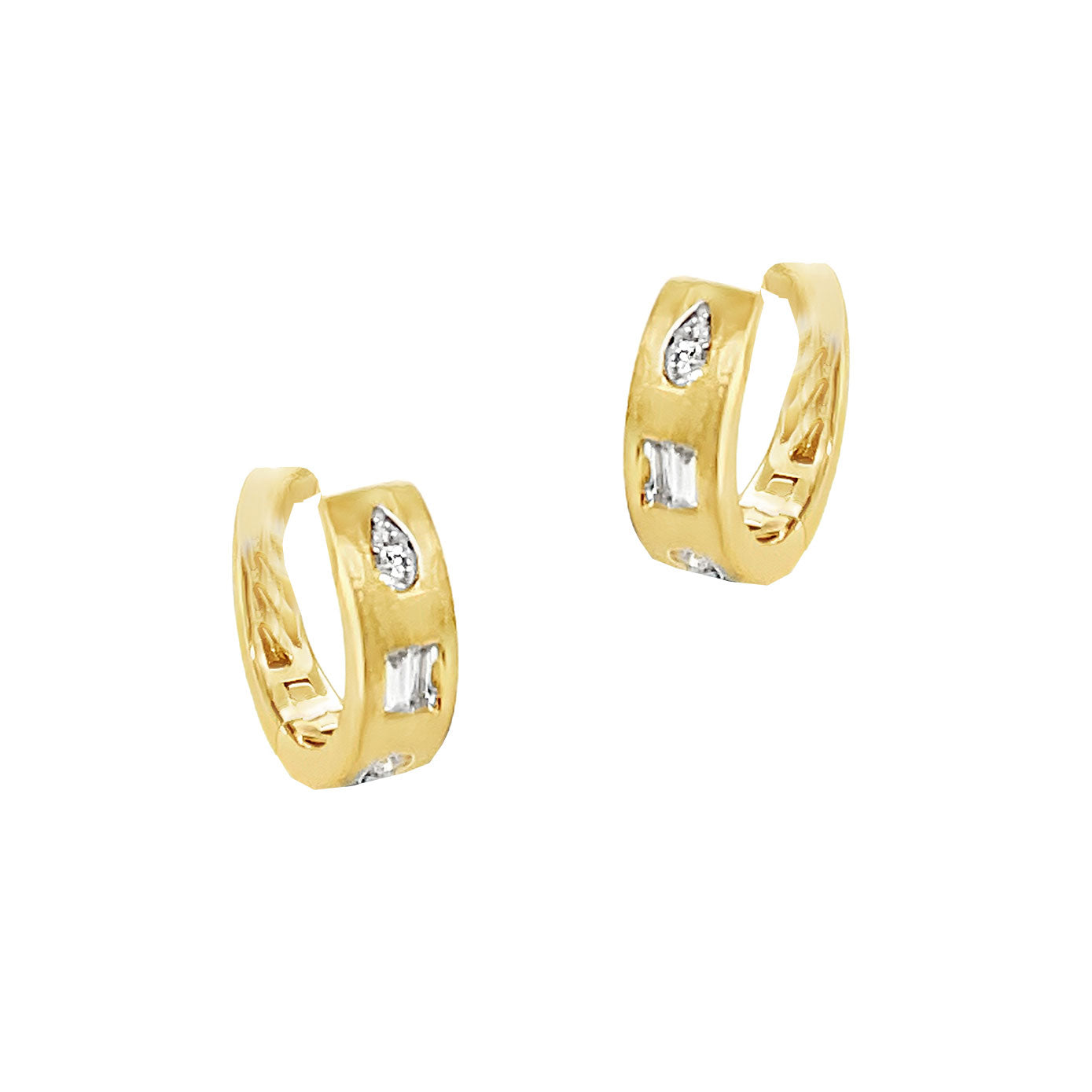 14 Karat Yellow Gold Huggy earrings with baguette and pear diamonds