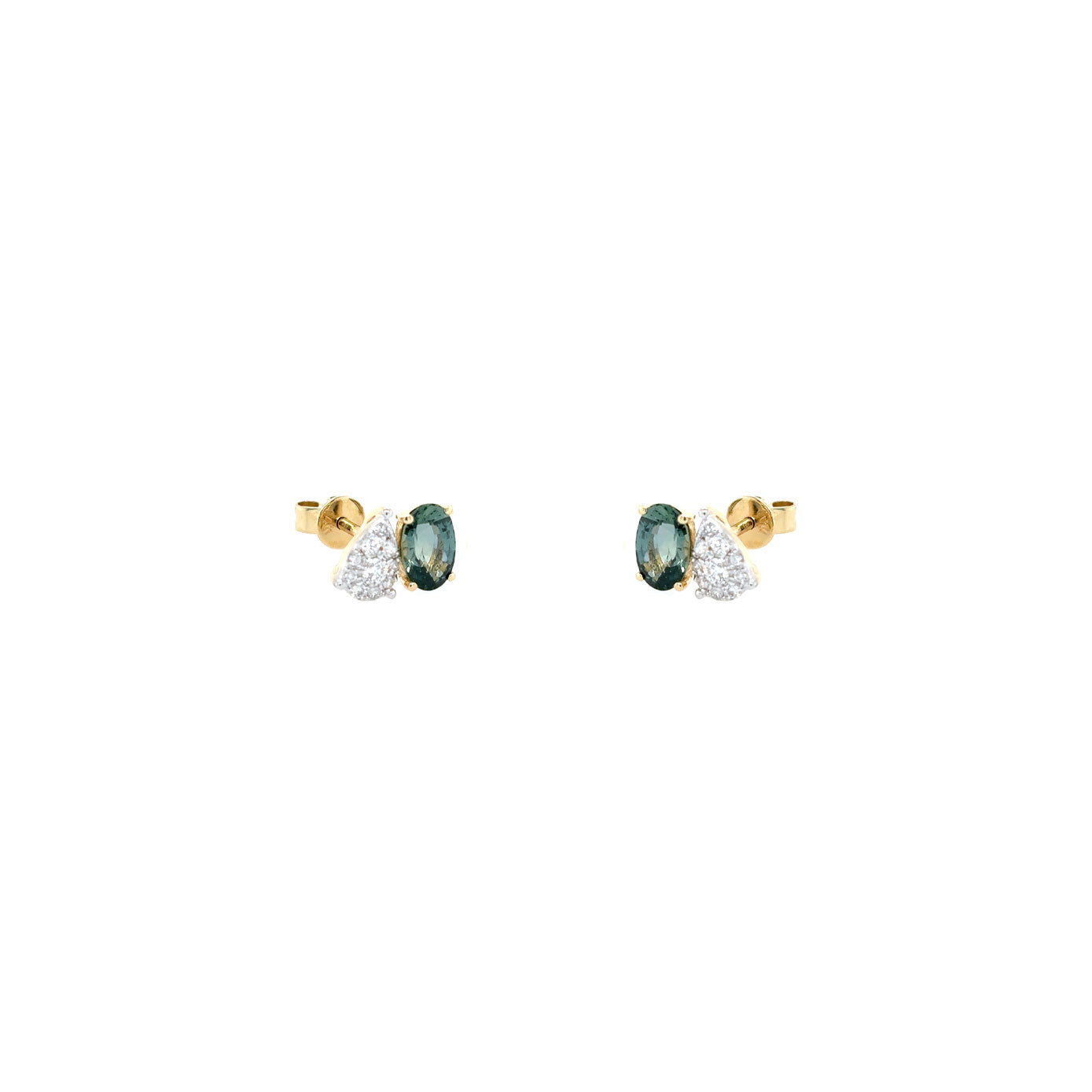14 Karat Yellow Gold Stud Earrings with Montana Sapphires and Diamonds