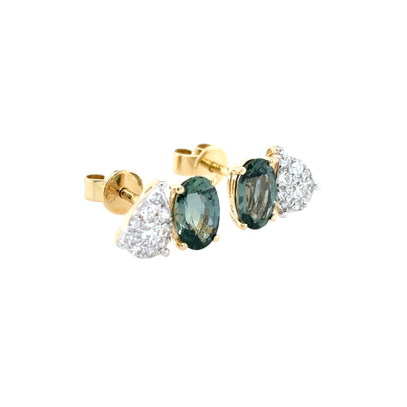 14 Karat Yellow Gold Stud Earrings with Montana Sapphires and Diamonds