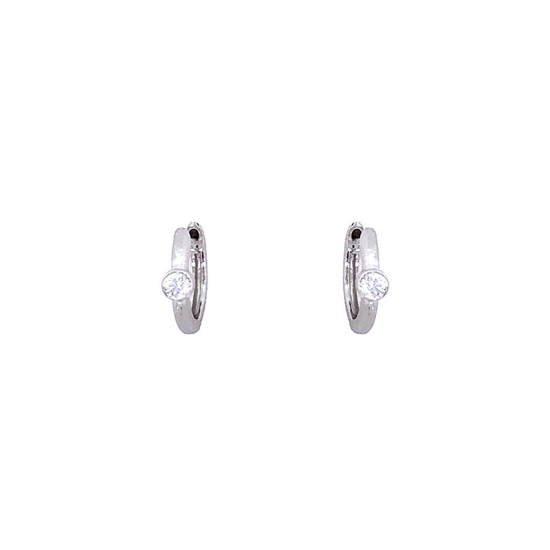 14 Karat White MatteGold Huggy Earrings with Bezel Set Diamond