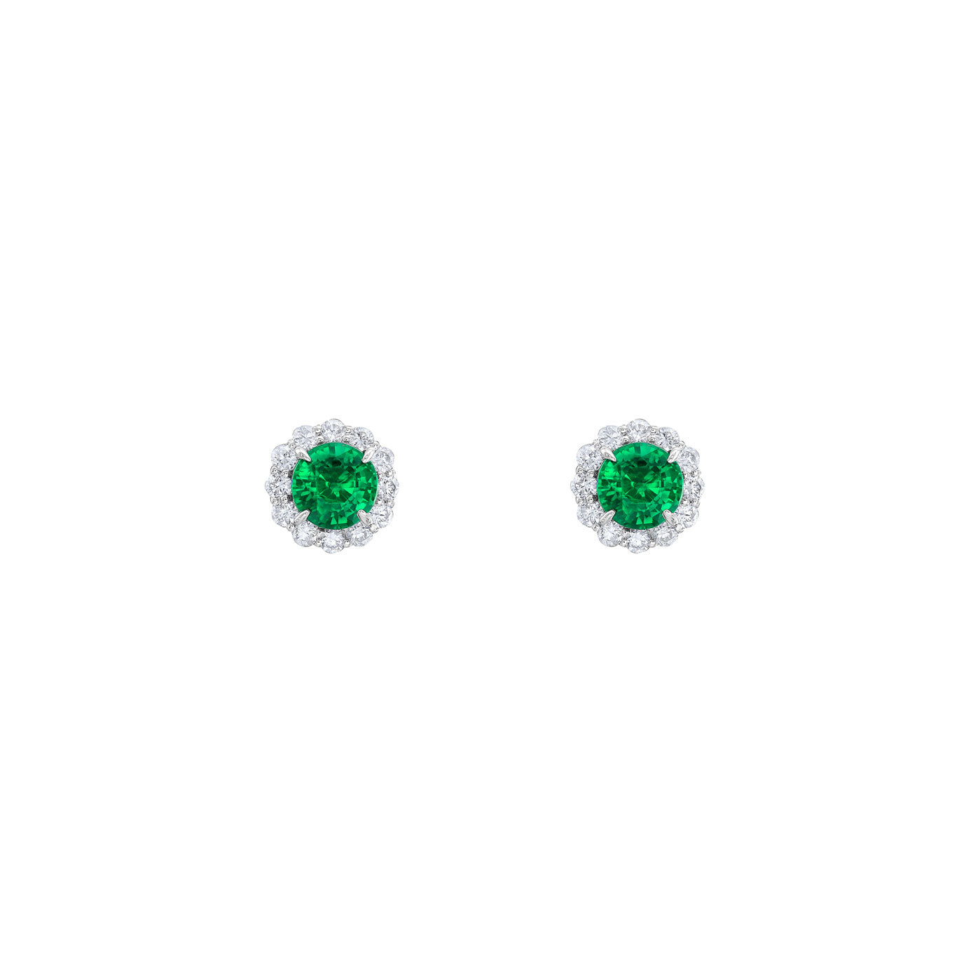 14 Karat White Gold Halo Earrings With Emeralds And Diamonds