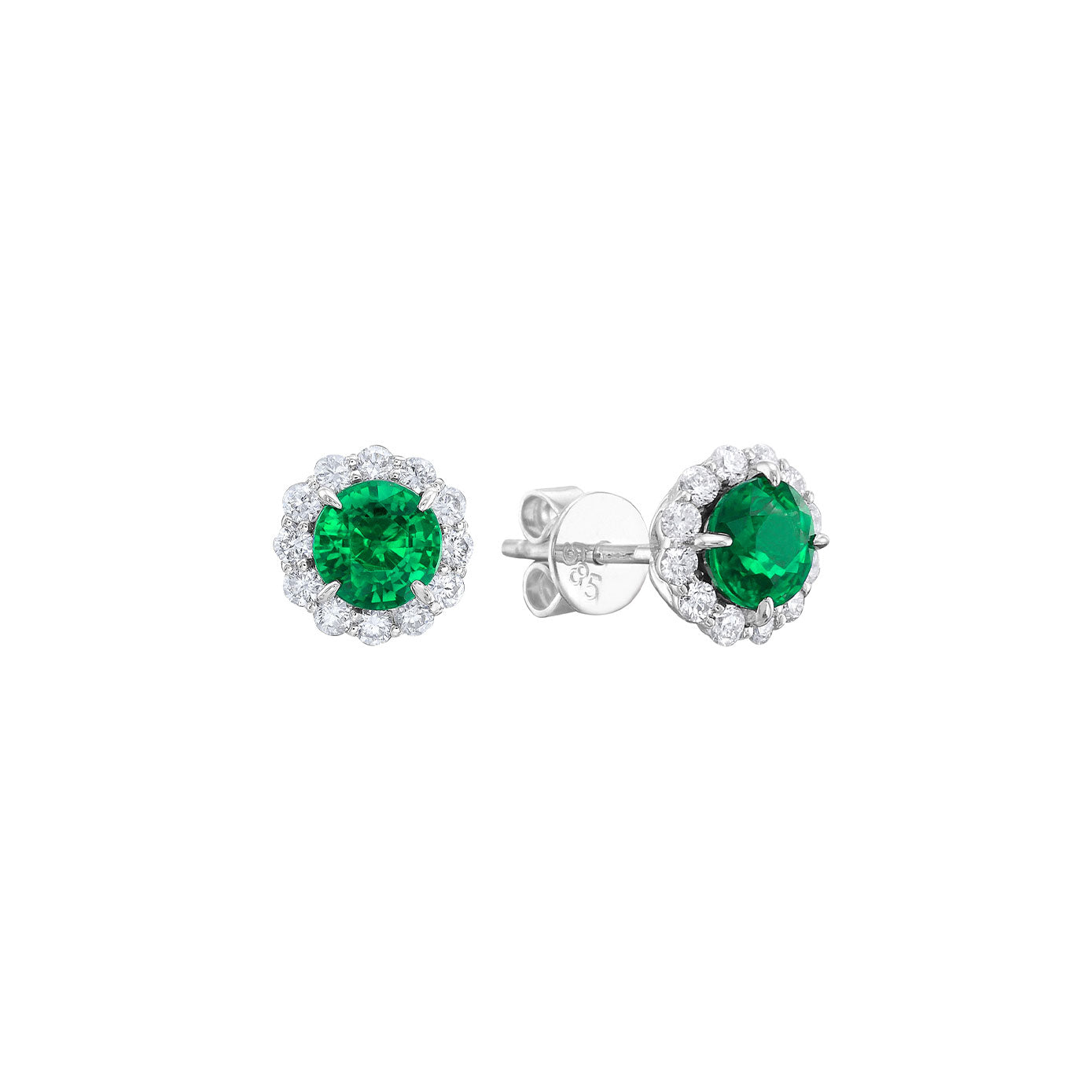14 Karat White Gold Halo Earrings With Emeralds And Diamonds