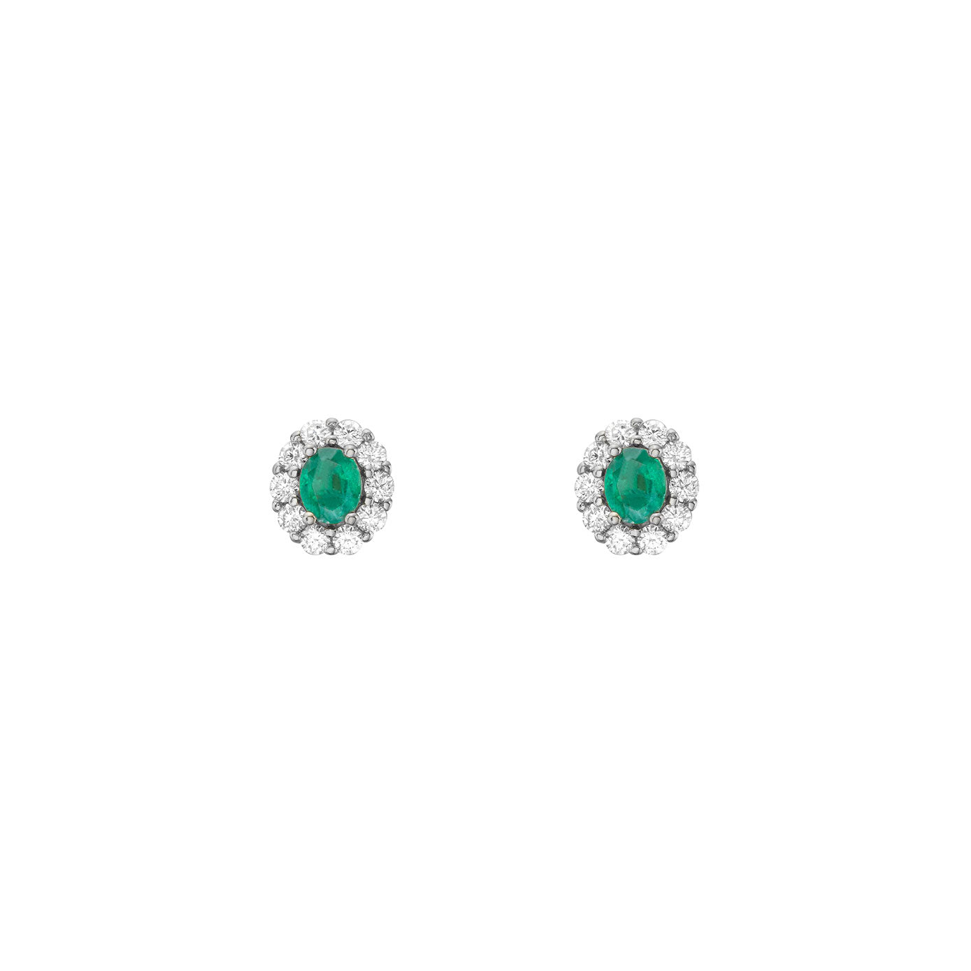 14 Karat White Gold Halo Earrings With Emeralds And Diamonds