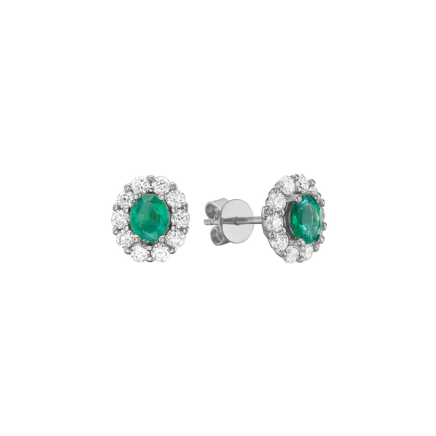 14 Karat White Gold Halo Earrings With Emeralds And Diamonds