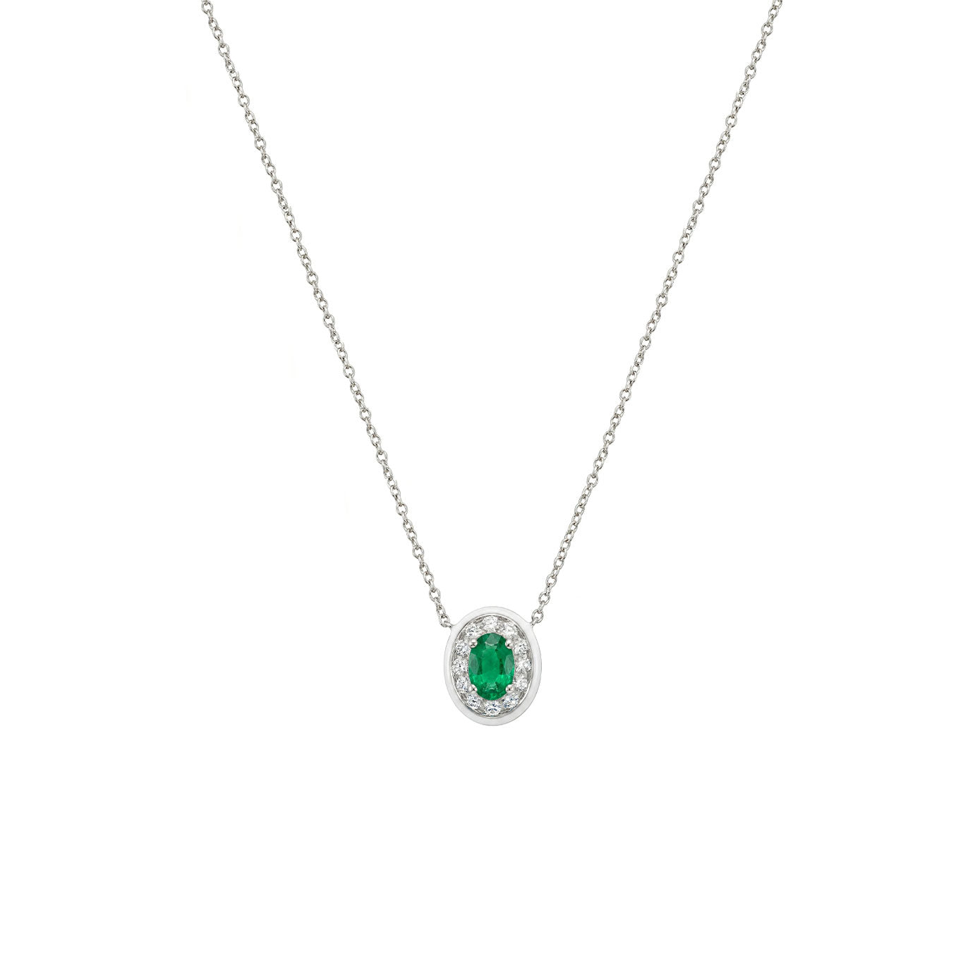 14 Karat White Gold Halo Necklace With An Emerald And Diamonds
