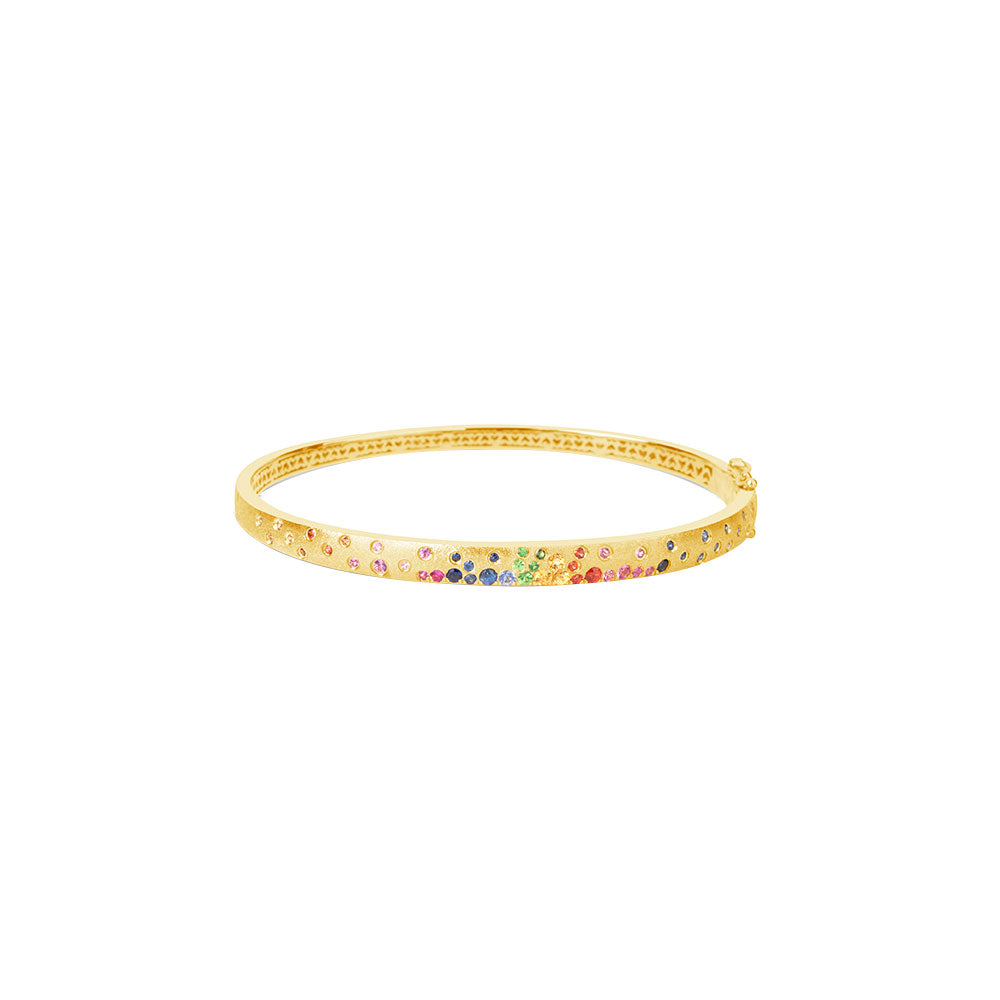 14 Karat Yellow Matte Gold Hinged Oval Bangle with Multi Colored Sapphires