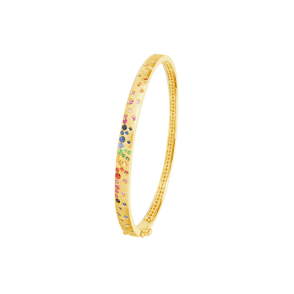 14 Karat Yellow Matte Gold Hinged Oval Bangle with Multi Colored Sapphires