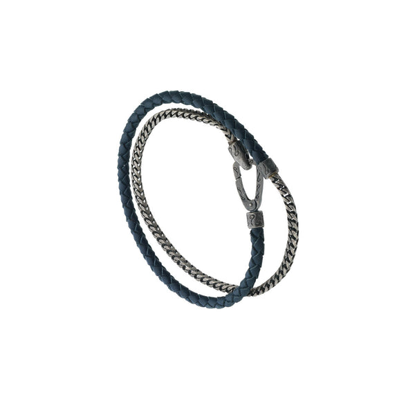 Sterling Silver Oxidized and Blue Italian Woven Leather Double Wrap bracelet