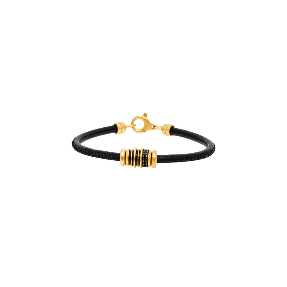 Sterling Silver and 18 Karat Yellow Gold Vermeil Acies Barrel Leather Bracelet with Black Diamonds