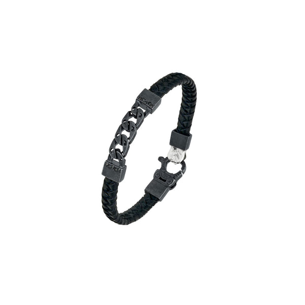 Sterling Silver Oxidized Flaming Tongue Italian Leather Bracelet with Black Diamonds