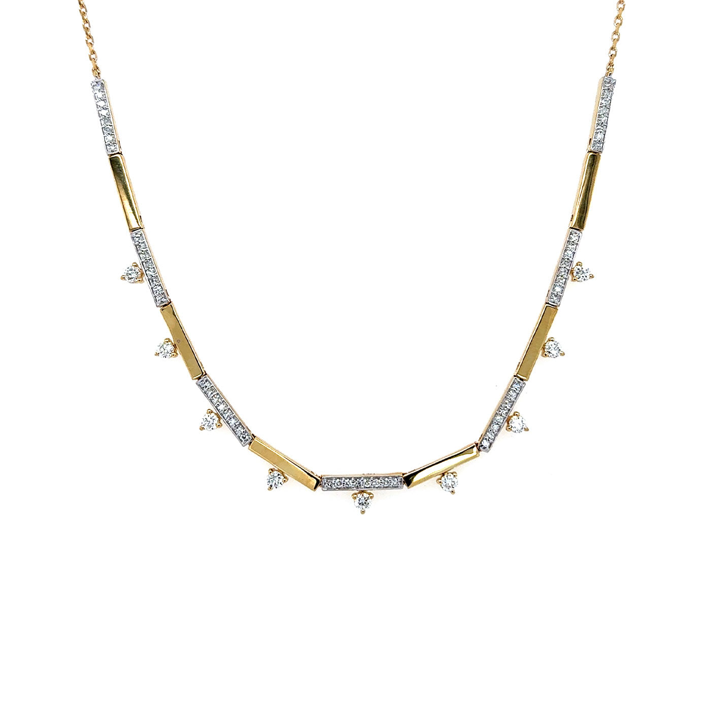 14 Karat Yellow Gold Bar Link Necklace with Diamonds