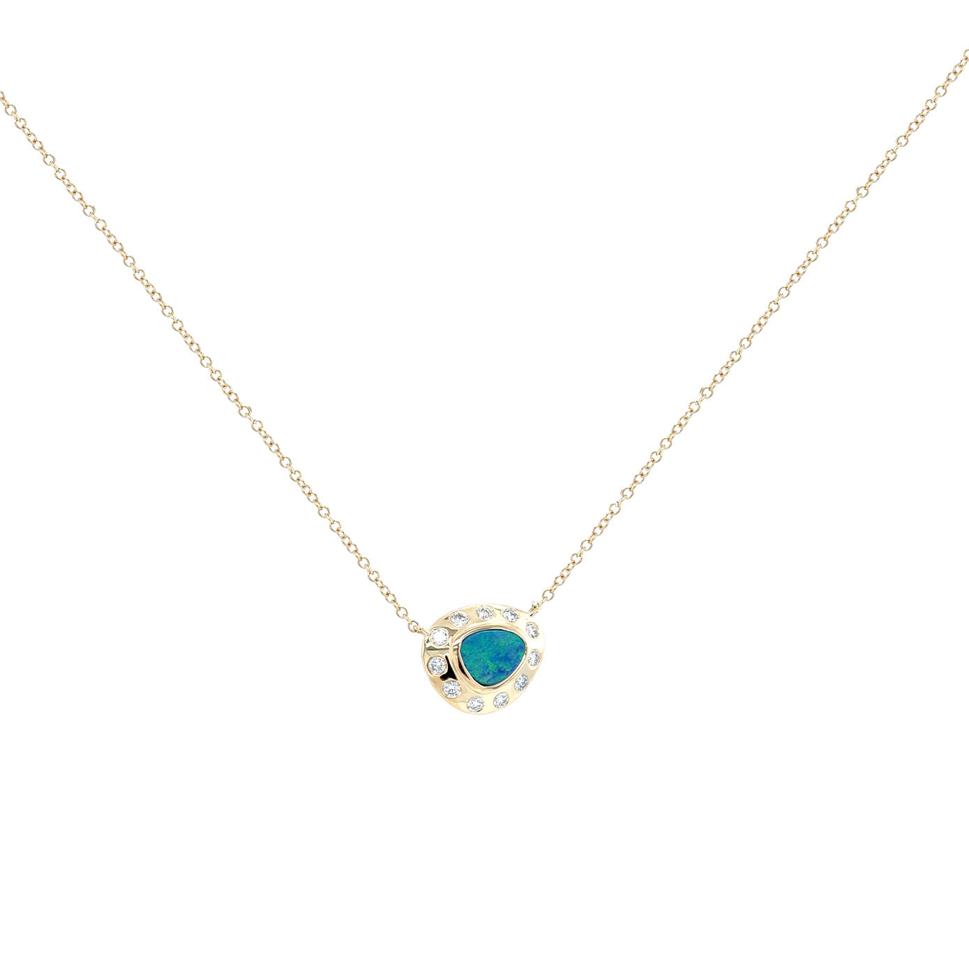 14 Karat Yellow Gold Necklace with Black Opal and diamond halo