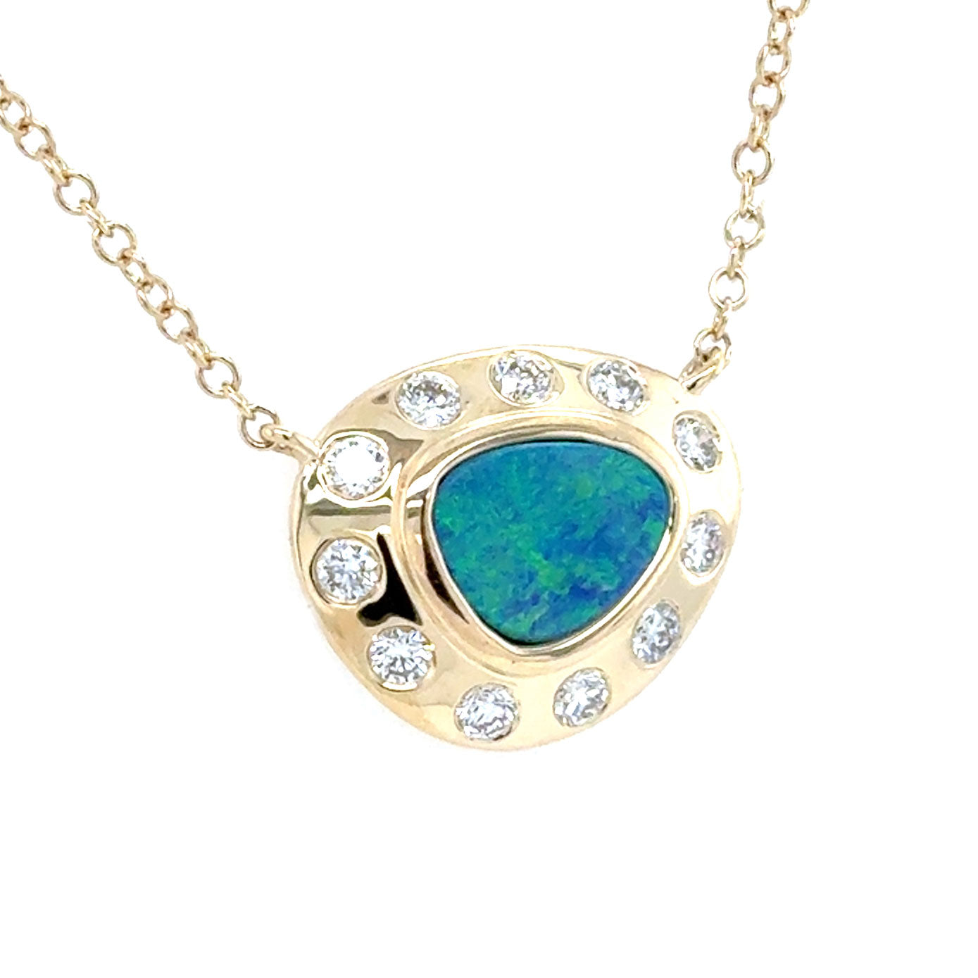 14 Karat Yellow Gold Necklace with Black Opal and diamond halo