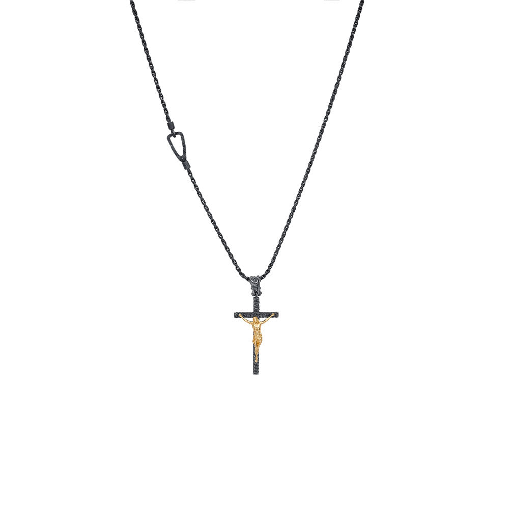 Sterling Silver Oxidized with Yellow Gold Bed of Roses Crucifix Pendant