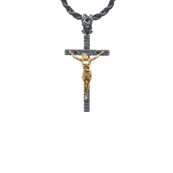 Sterling Silver Oxidized with Yellow Gold Bed of Roses Crucifix Pendant