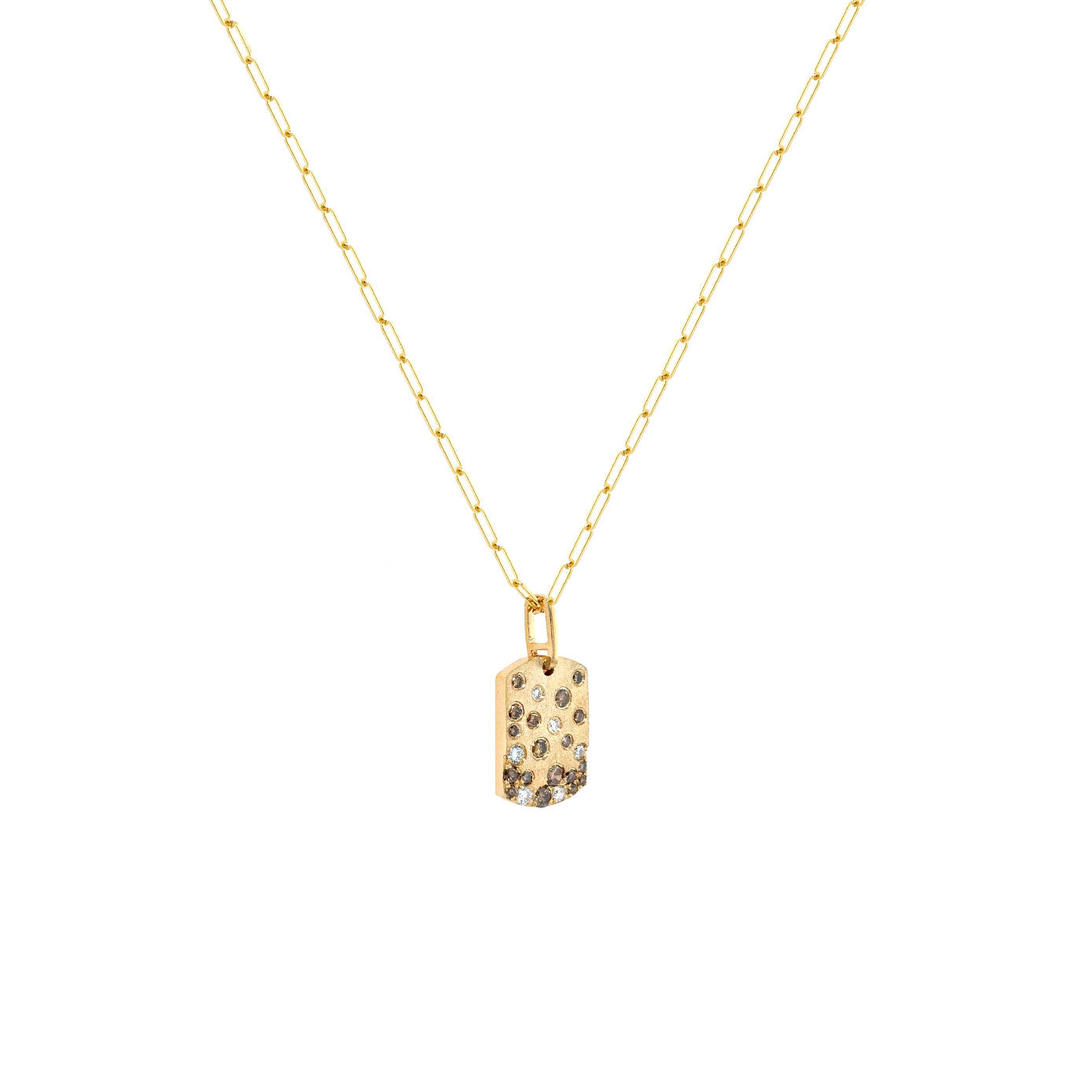 14 Karat Yellow Gold dog tag with brown and white diamonds