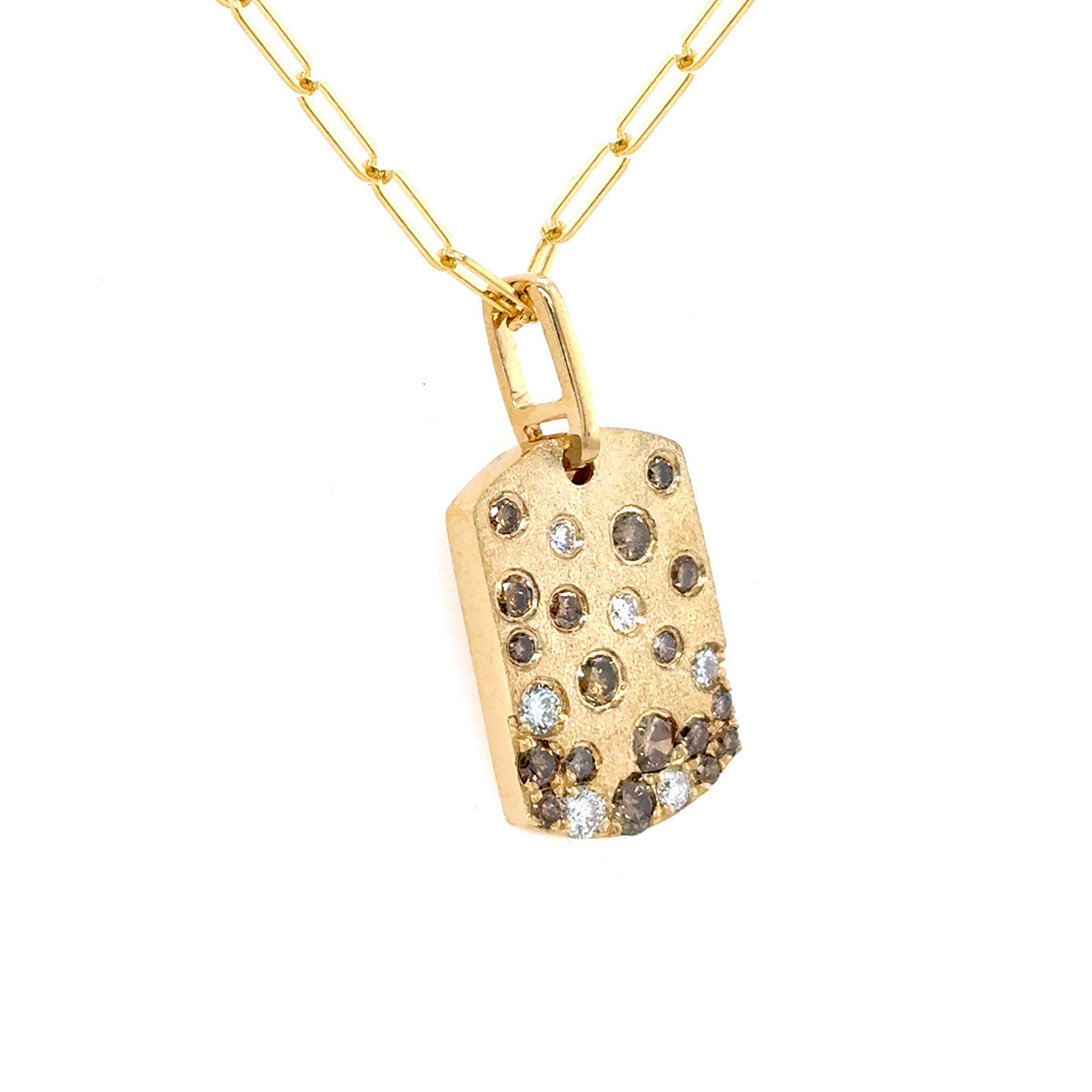 14 Karat Yellow Gold dog tag with brown and white diamonds