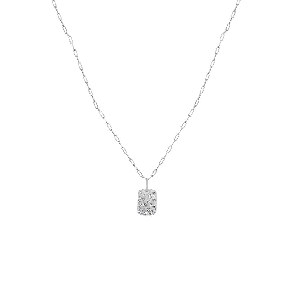 14 Karat White Gold Confetti Dog Tag Pendant with Diamonds