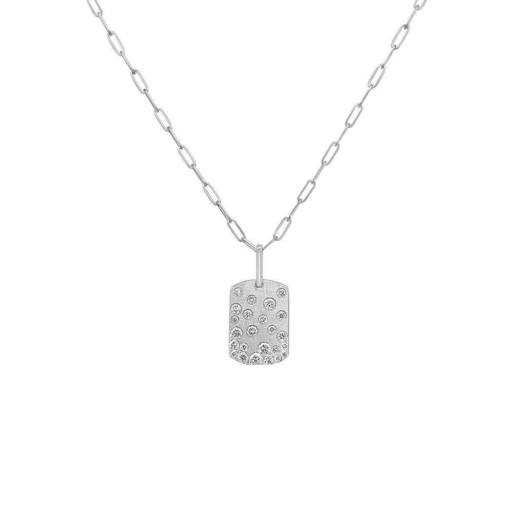 14 Karat White Gold Confetti Dog Tag Pendant with Diamonds