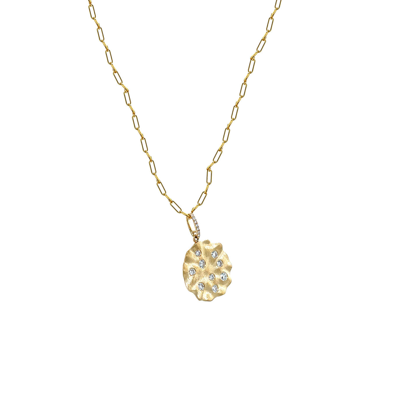 14 Karat Yellow Gold Wavy Disc Pendant Necklace with Diamonds