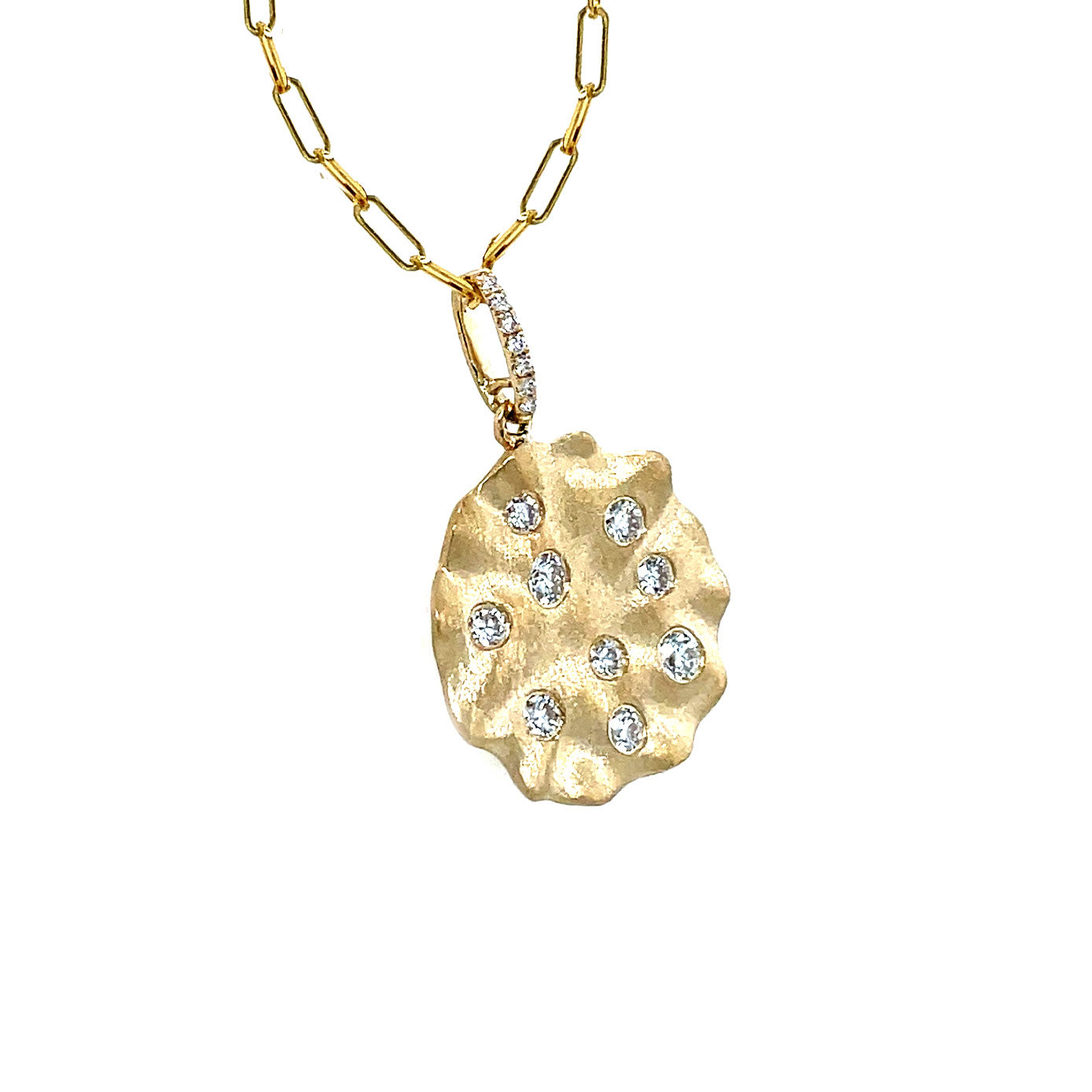 14 Karat Yellow Gold Wavy Disc Pendant Necklace with Diamonds