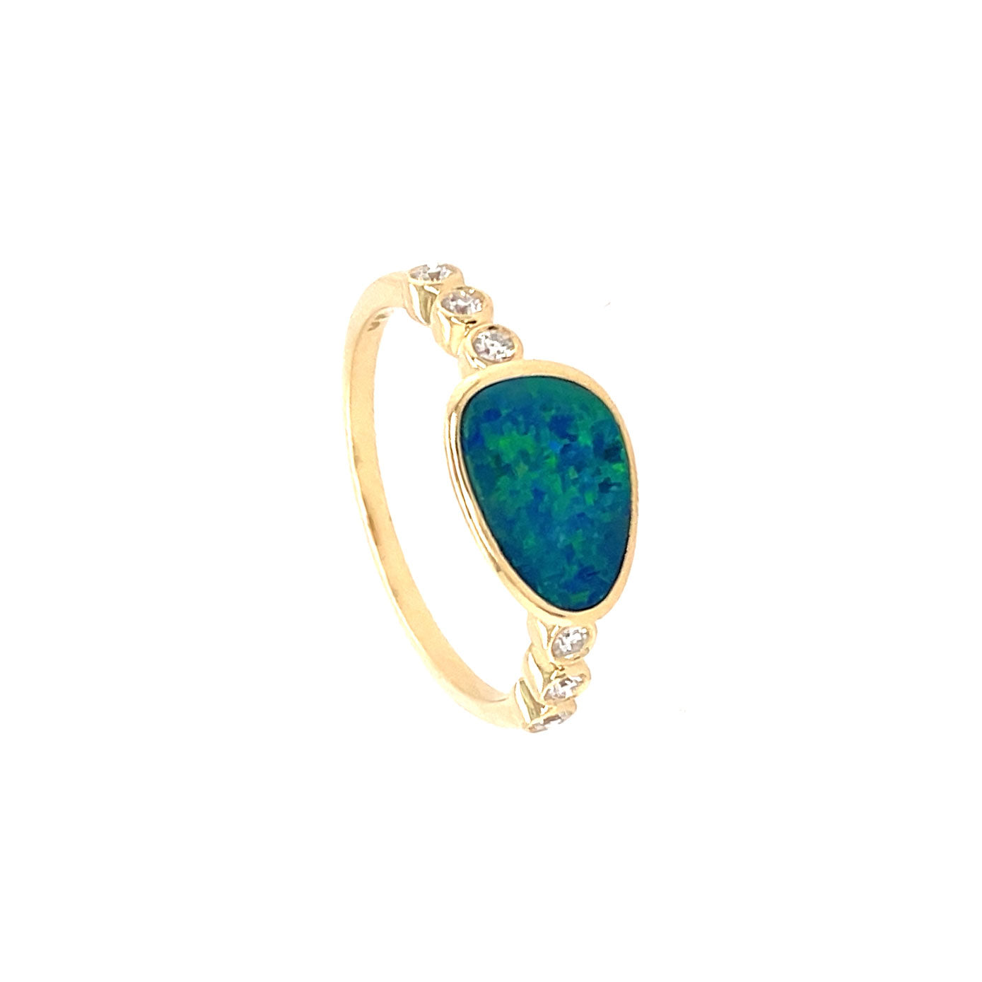 14 Karat Yellow Gold Bezel Ring with Black Opal and Diamonds