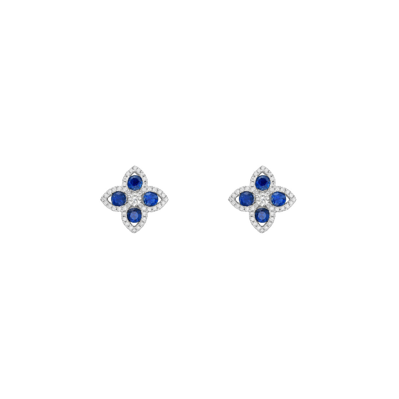 14 Karat White Gold Clover Earring With Blue Sapphires And Diamonds
