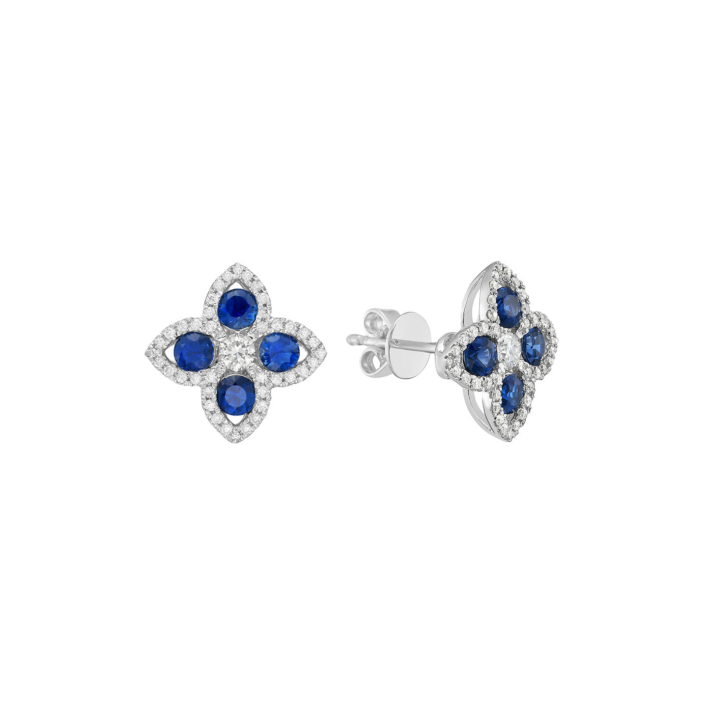 14 Karat White Gold Clover Earring With Blue Sapphires And Diamonds