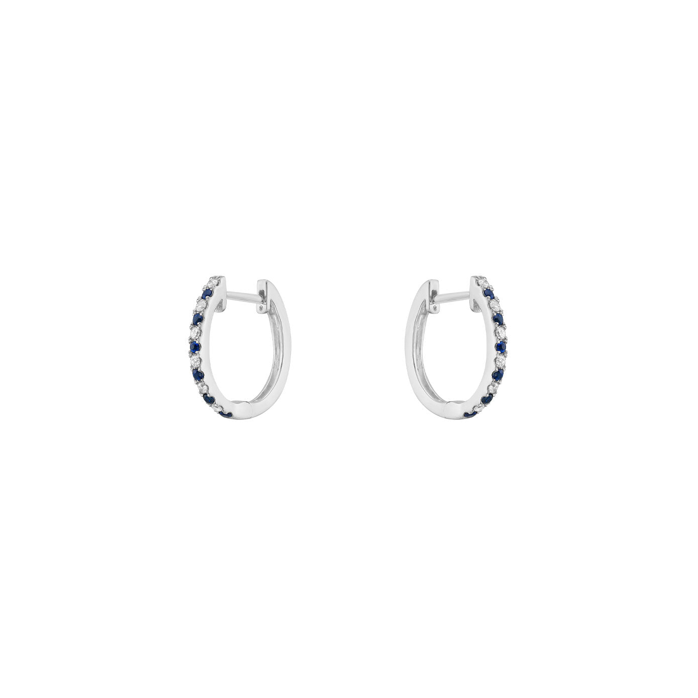 14 Karat White Gold Huggie Earrings With Blue Sapphires And Diamonds