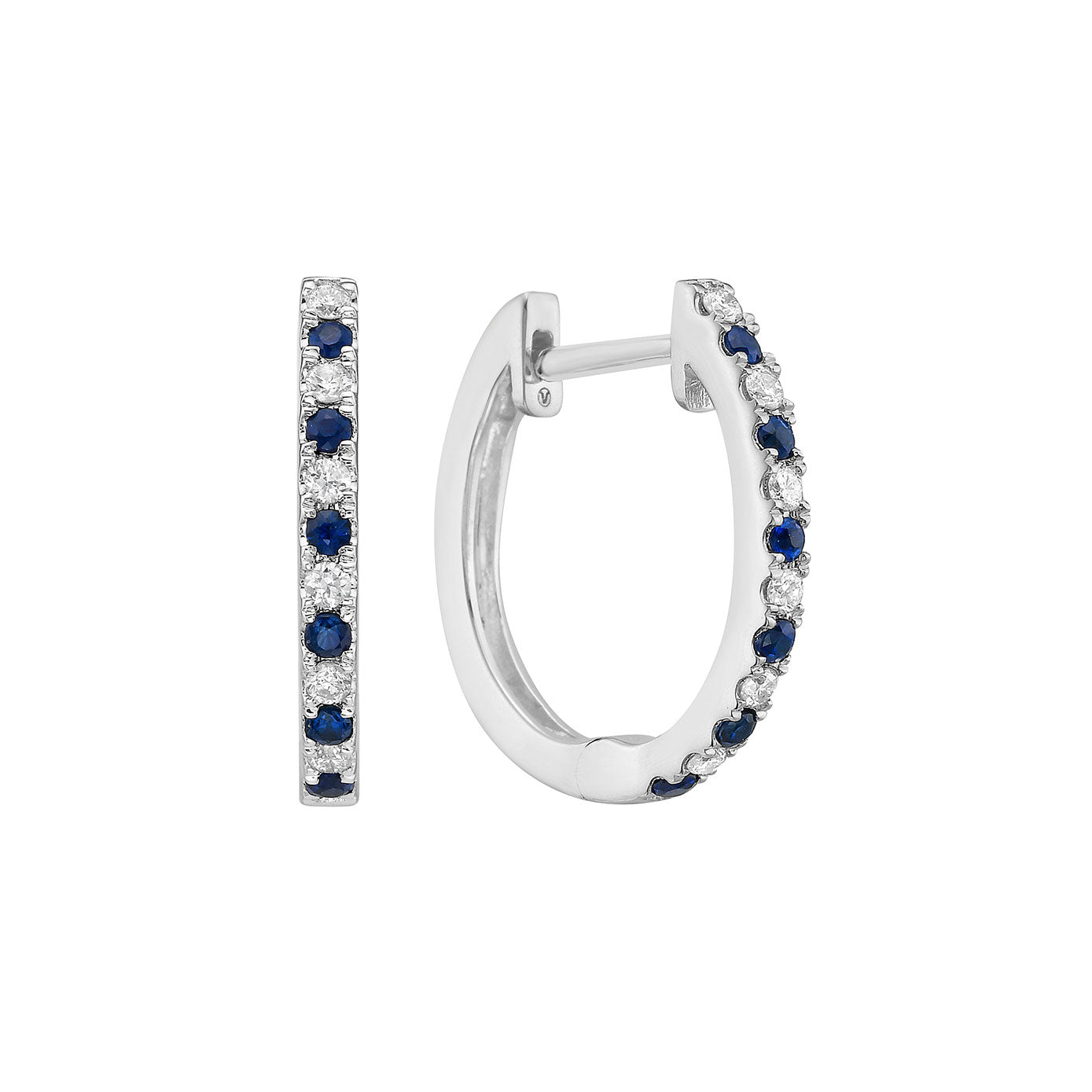 14 Karat White Gold Huggie Earrings With Blue Sapphires And Diamonds