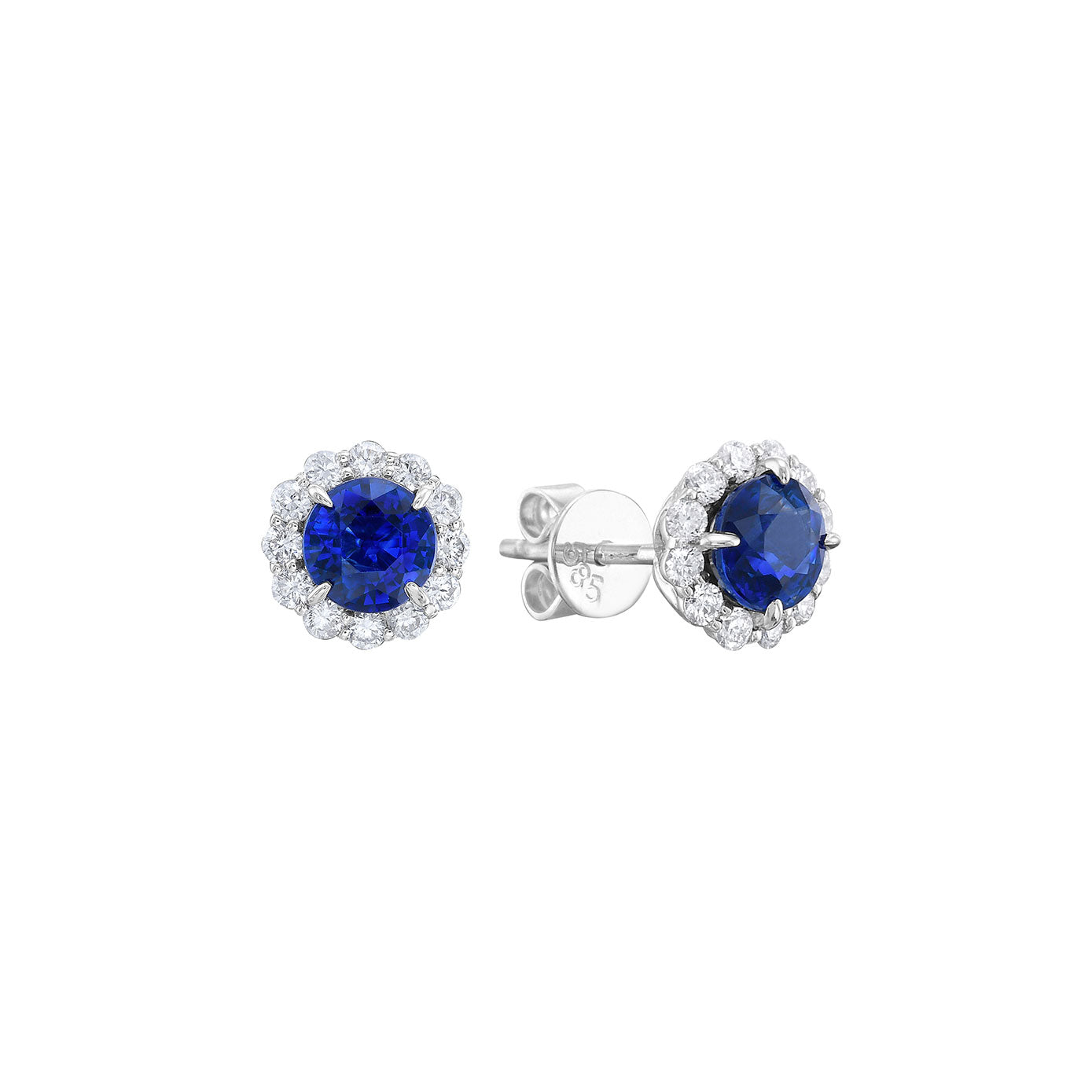 14 Karat White Gold Halo Earrings With Blue Sapphires And Diamonds