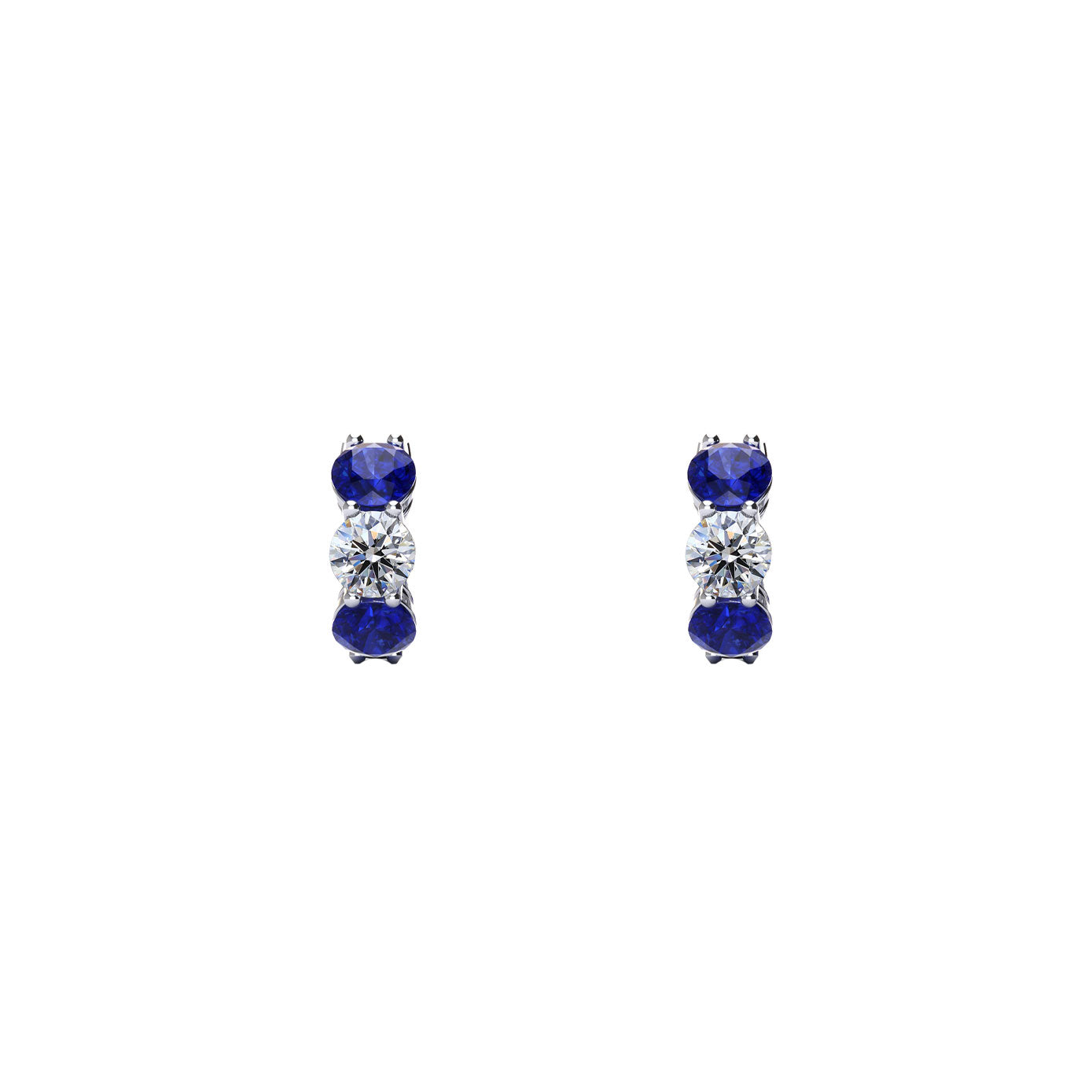 14 Karat White Gold Huggie Earrings With Blue Sapphires And Diamonds