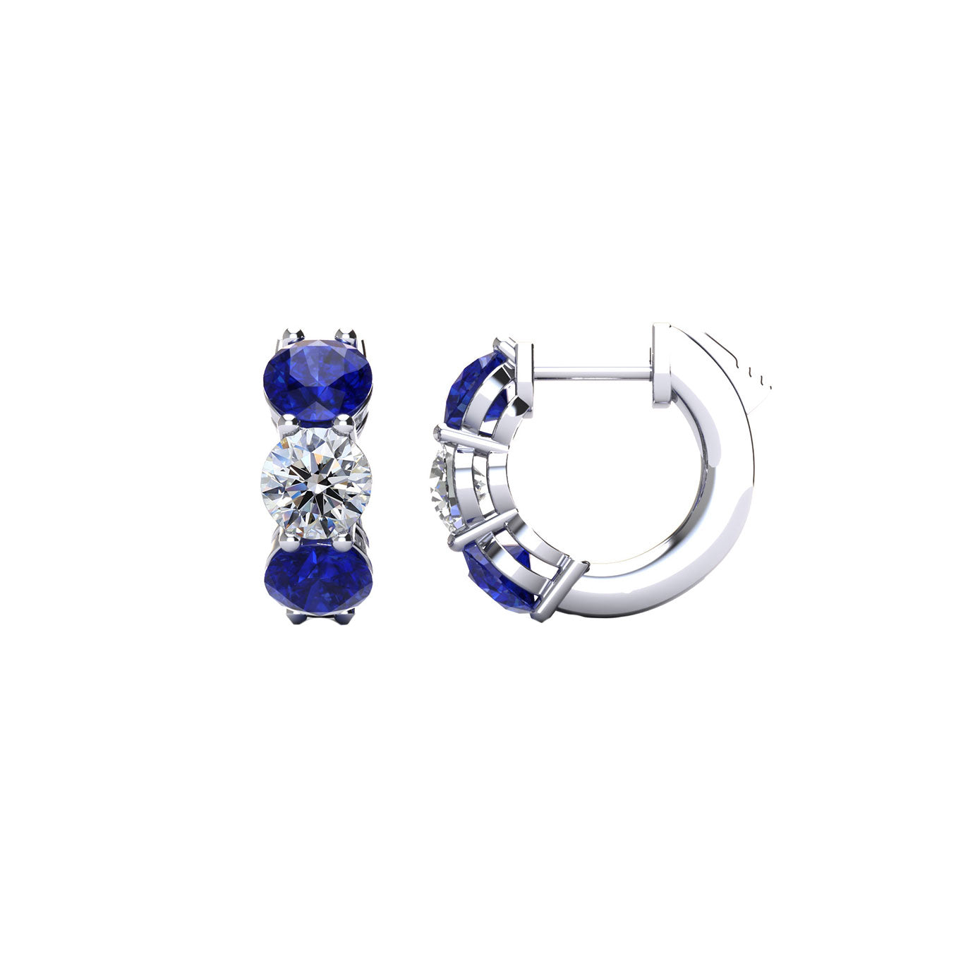 14 Karat White Gold Huggie Earrings With Blue Sapphires And Diamonds
