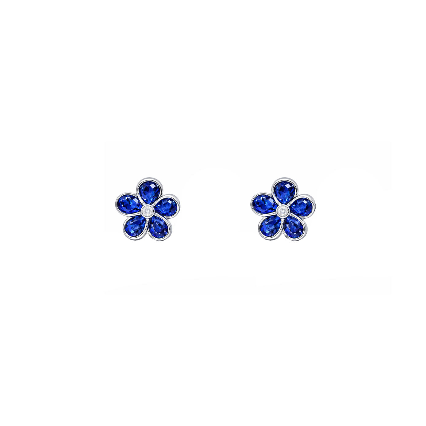 14 Karat White Gold Flower Earrings With Blue Sapphires And Diamonds